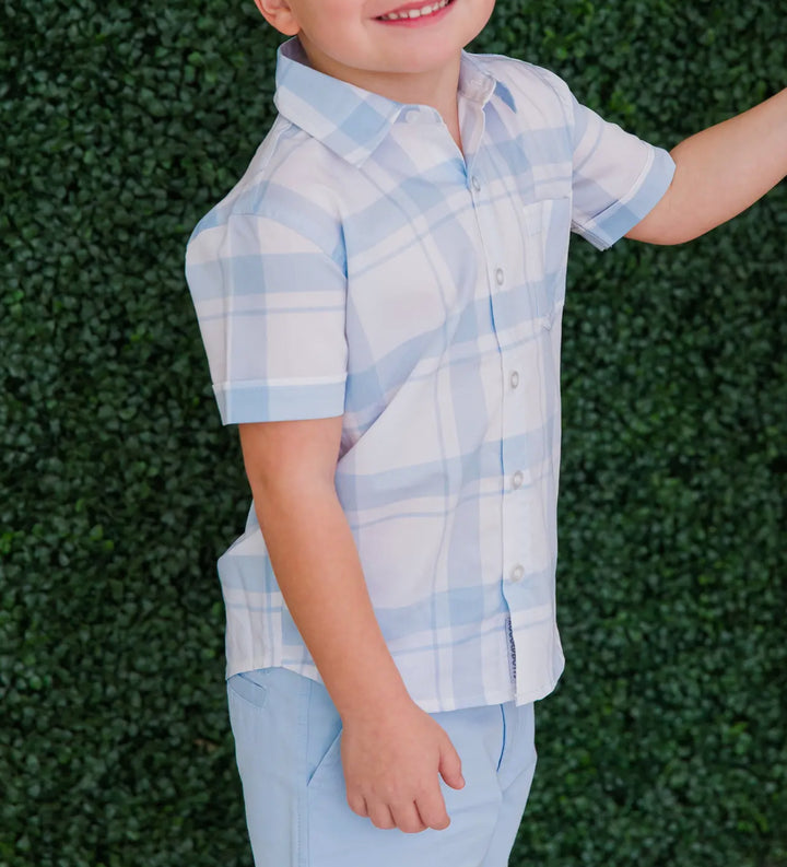 Light Blue Windowpane Button Up - Toddler