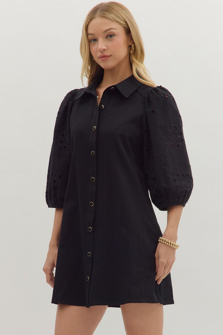 The Camden Eyelet Sleeve Shirt Dress – Black