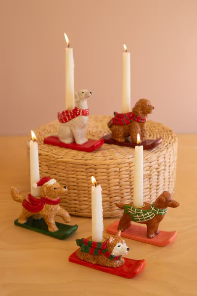 Ski Lodge Christmas Dog Taper Holders