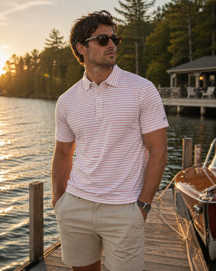 Horizon Stripe Performance Polo - Coral