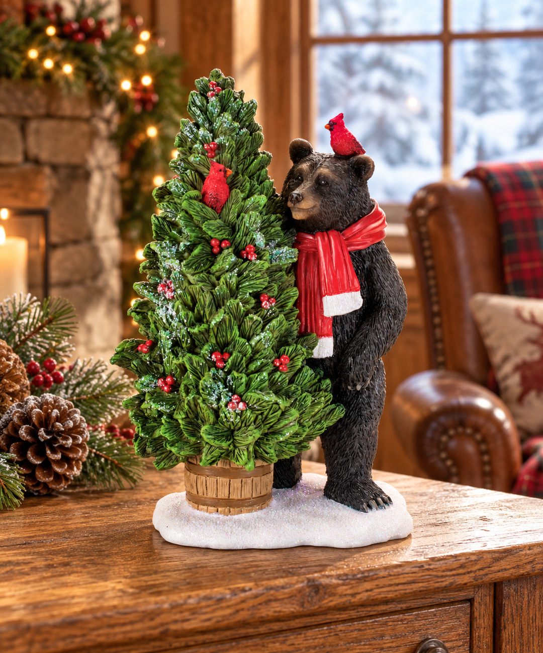 Woodland Christmas Joy Bear with Tree & Cardinals – 8.75″