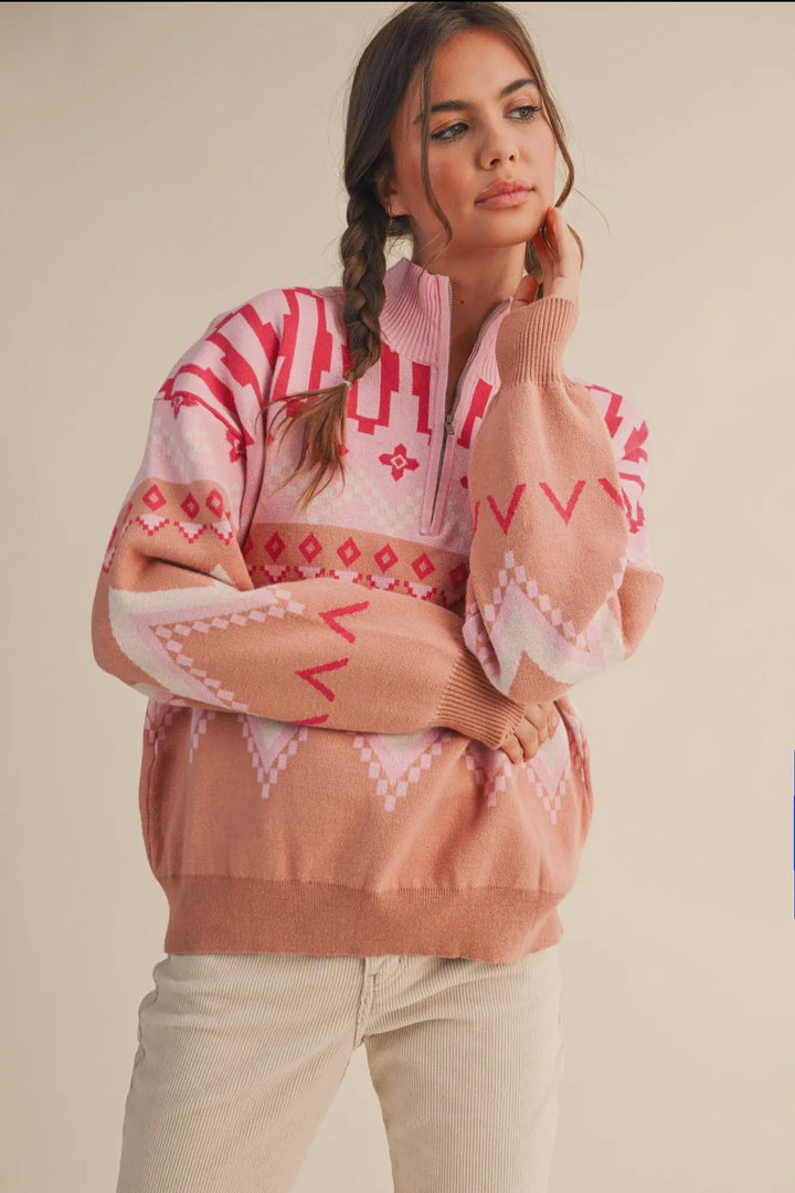 Pink Peaks Half-Zip Sweater
