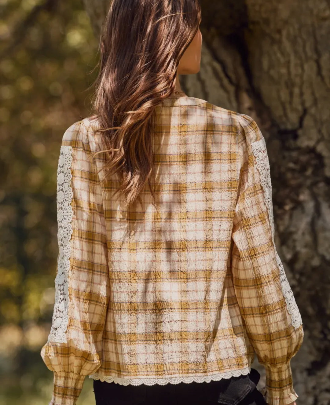 Golden Hour Lace-Inset Plaid Top