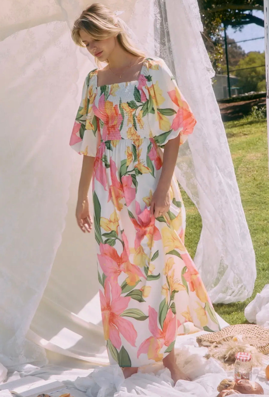 Golden Petal Escape Maxi Dress