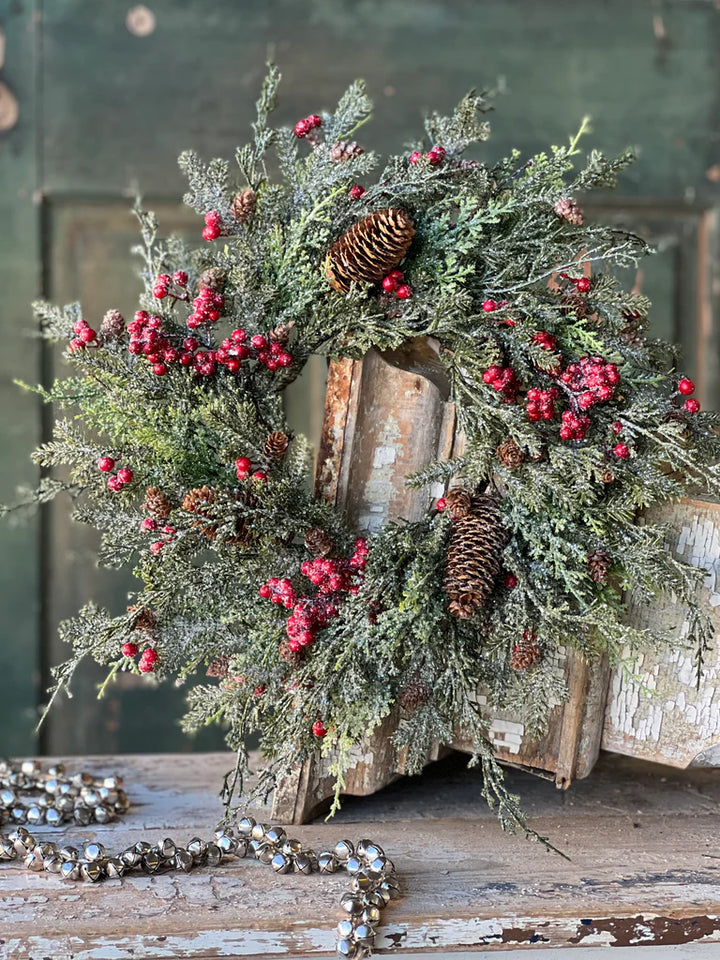 Frosted Red Berry Candle Ring – 14”