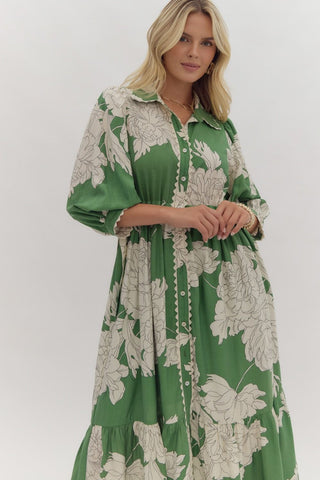 Green Floral Button Up Collared Dress