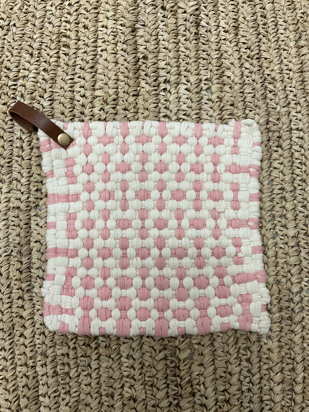 Cotton Crocheted Pot Holder with Leather Strap