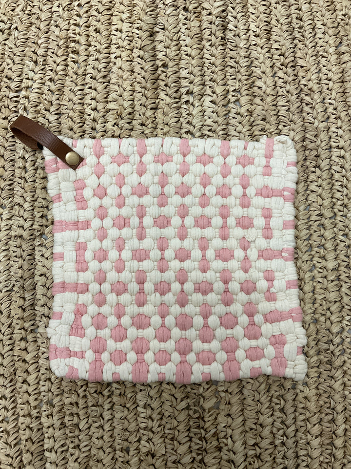 Cotton Crocheted Pot Holder with Leather Strap