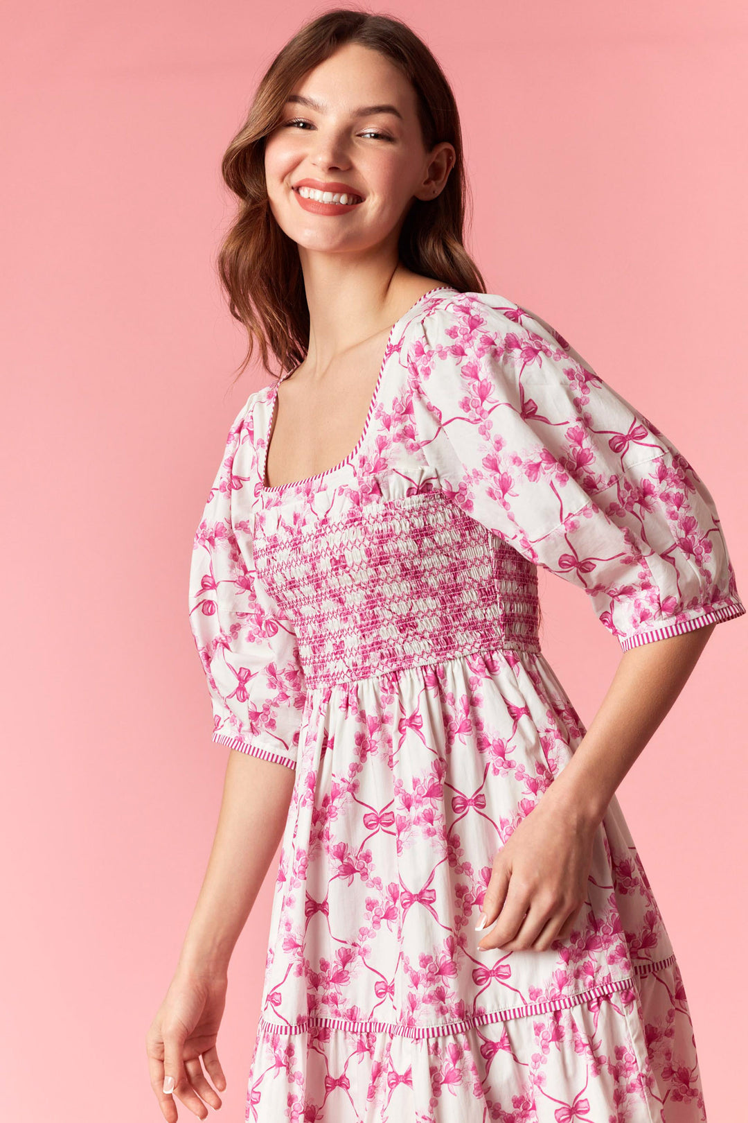 Pink Bow Garden Midi Dress