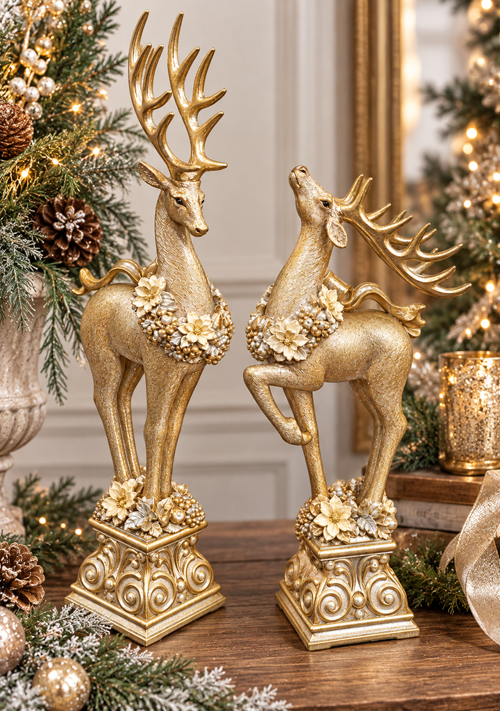 Gilded Christmas Reindeer on a Pedestal