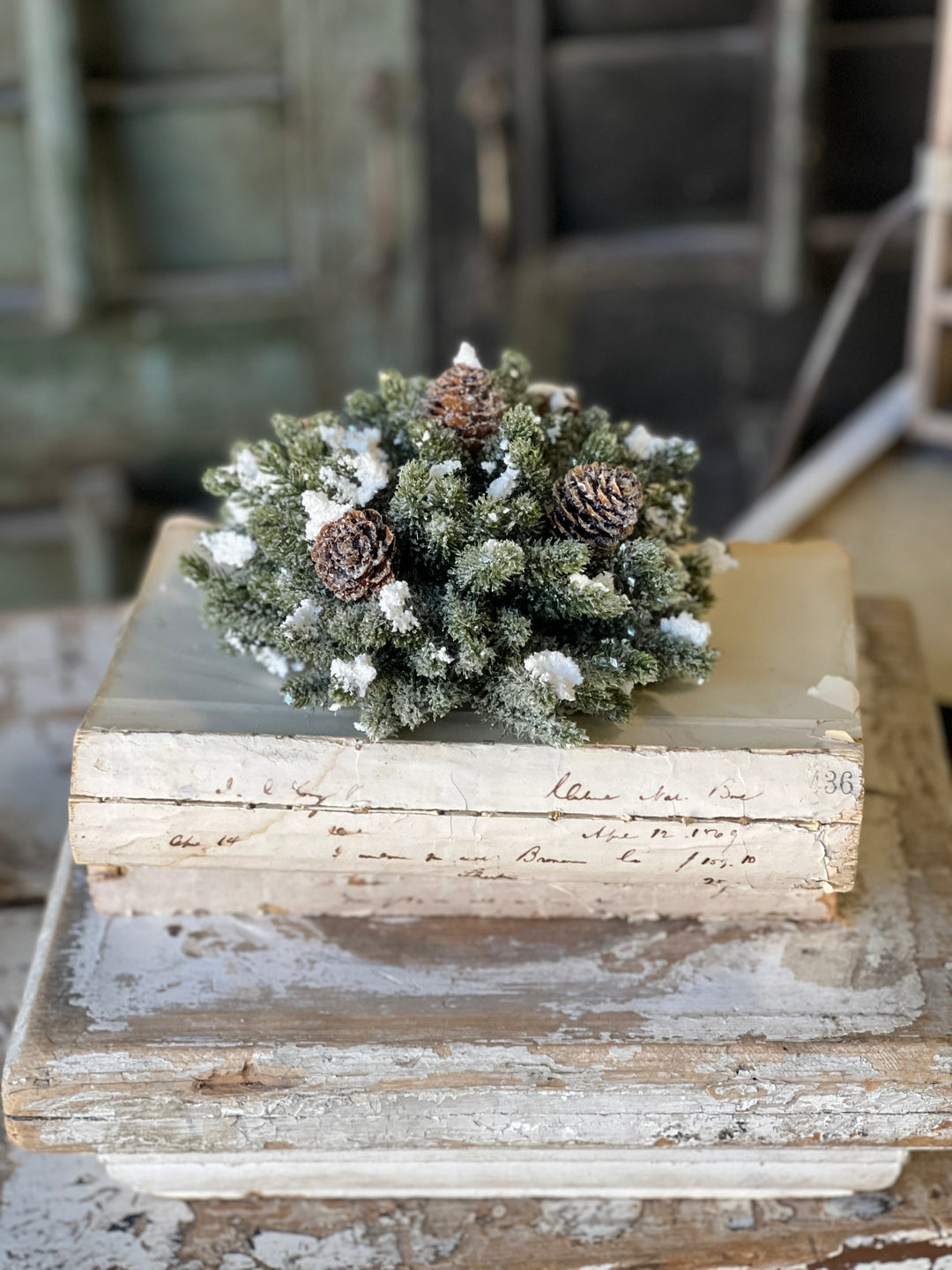 Snow-Kissed Evergreen & Pinecone Half Sphere