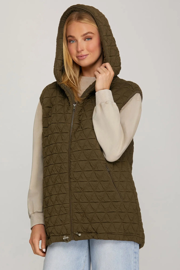 Olive Quilted Hooded Vest