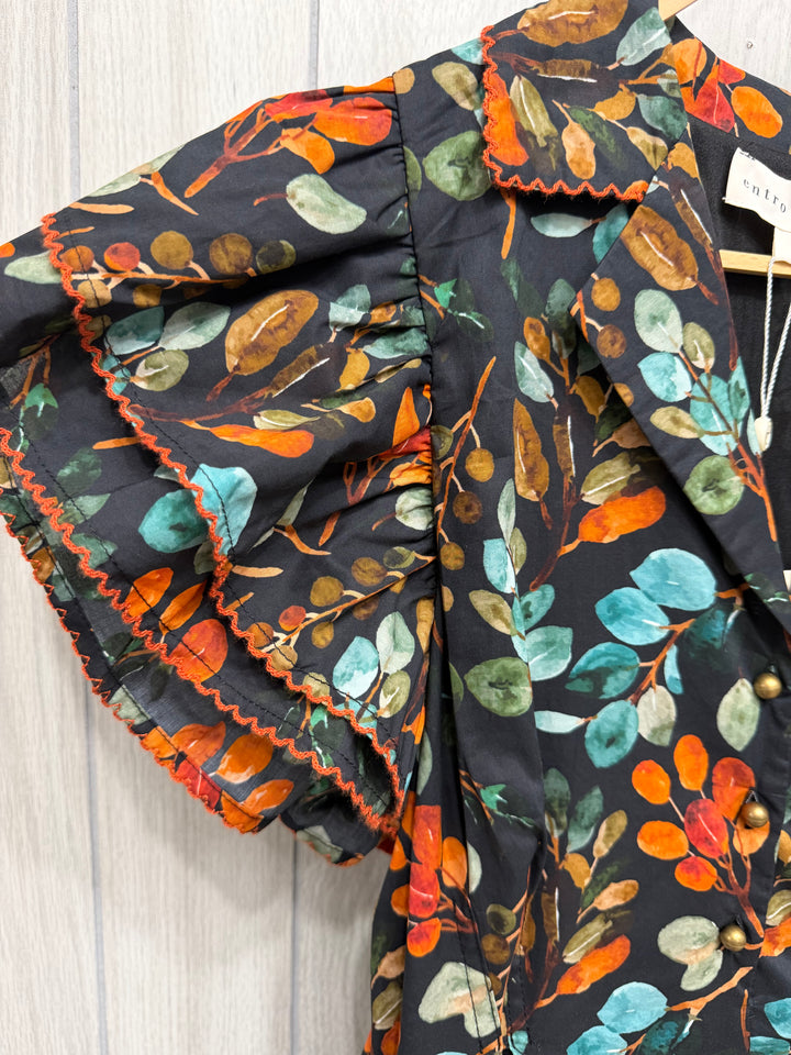 Autumn Botanical Ruffle Sleeve Maxi Dress