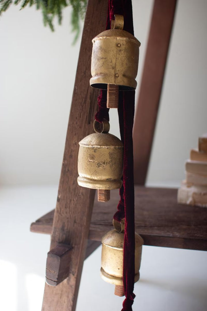 Vintage Brass Farmhouse Bells on Velvet Ribbon