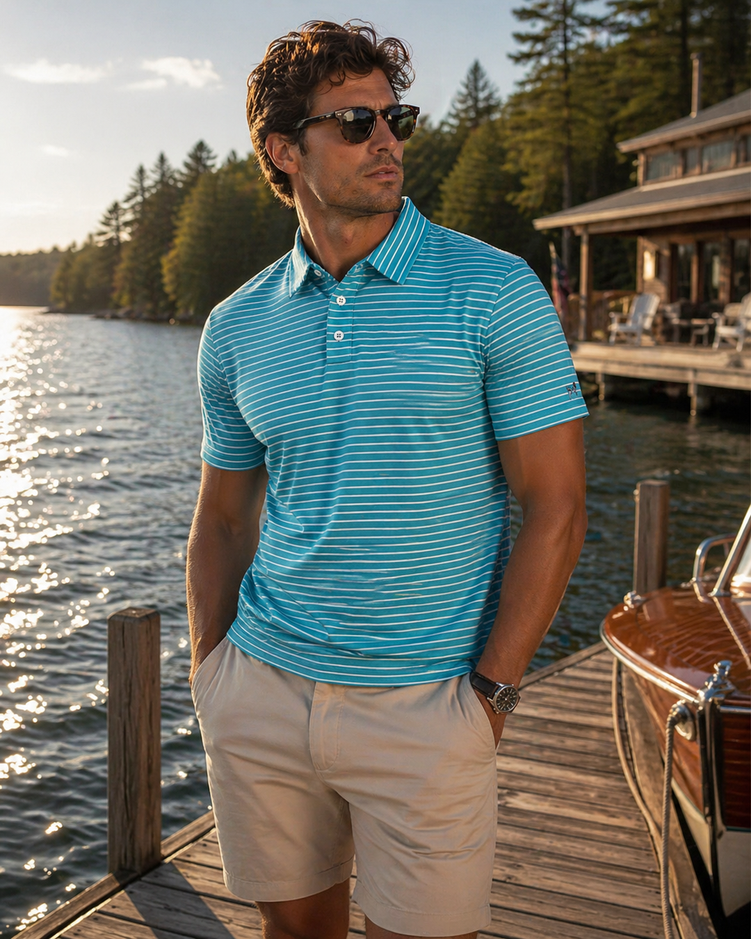 Horizon Stripe Performance Polo - Coastal Water