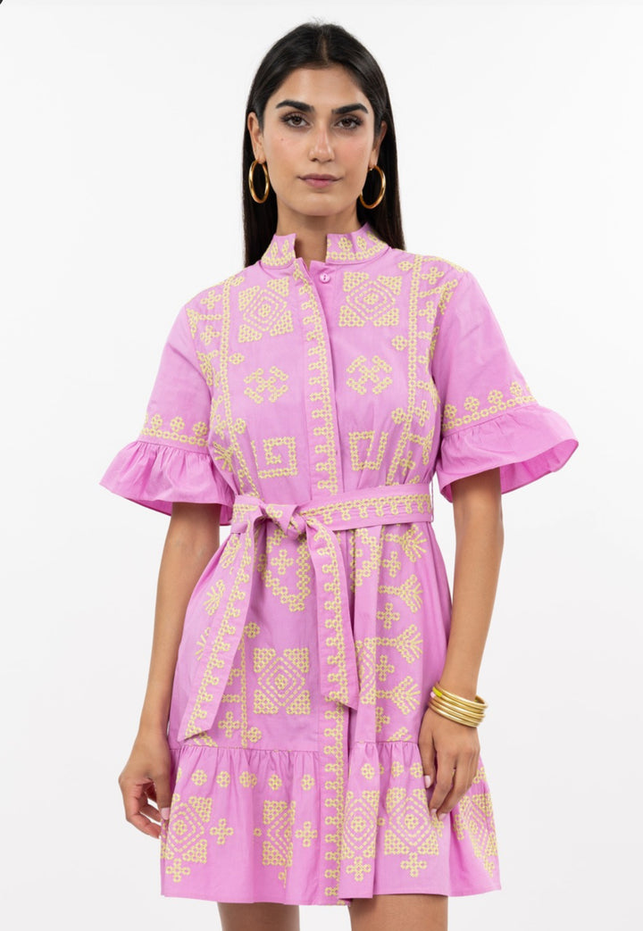 Pink Embroidered Ruffle Sleeve Dress