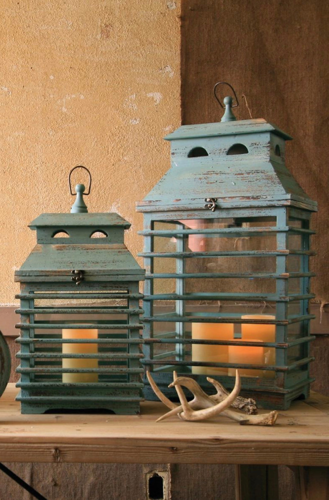 Vintage Blue Shutter Lantern Set