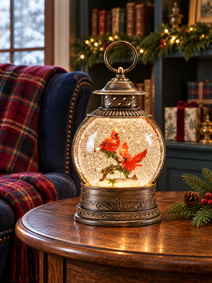 Winter’s Blessing LED Cardinal Snow Globe Lantern – 8″
