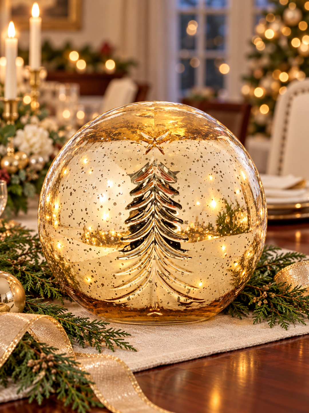 Gilded Evergreen LED Glass Globe