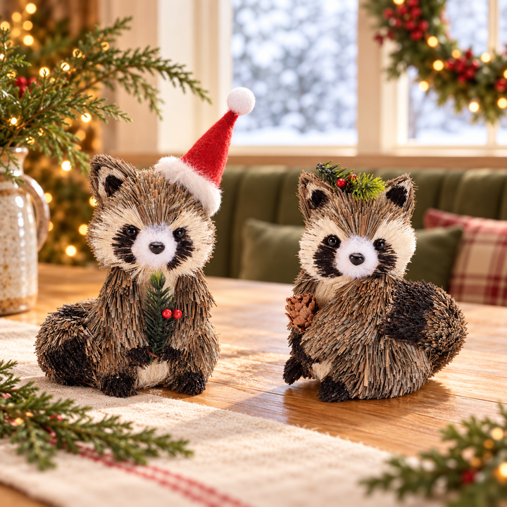 Woodland Merry Holiday Sisal Raccoons – Two Designs