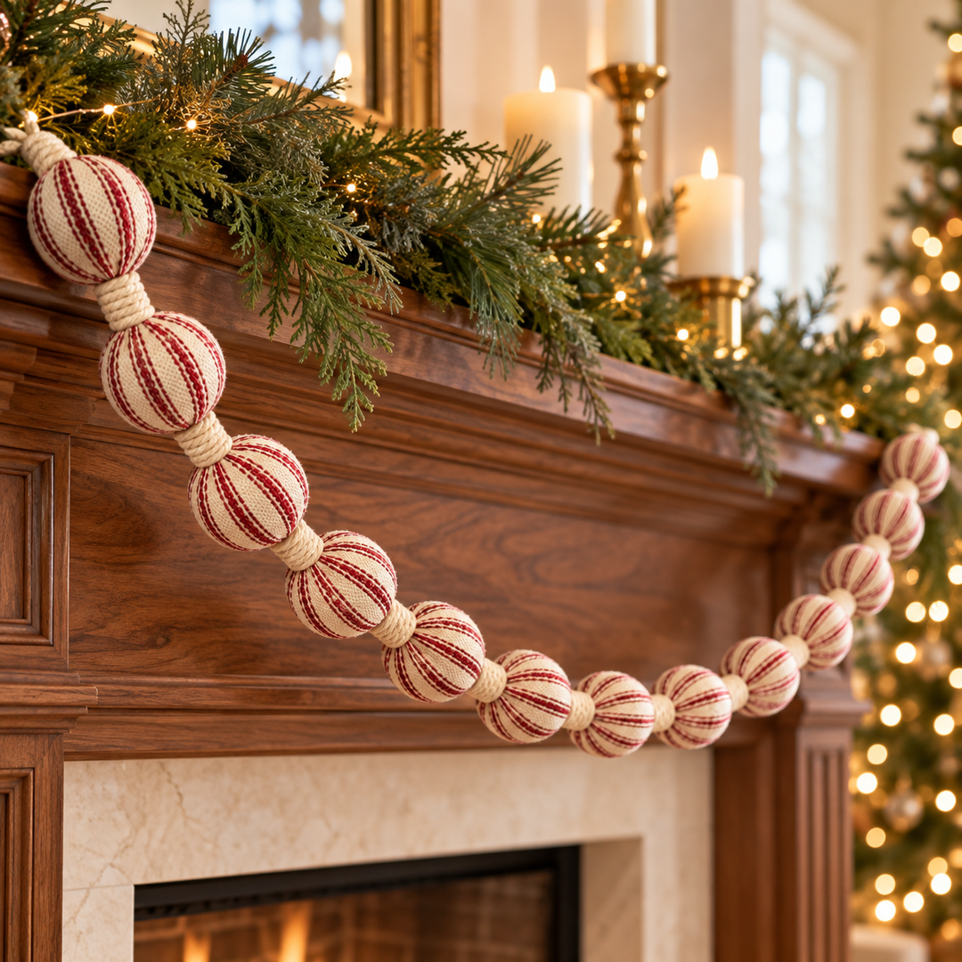 Cranberry & Cream Striped Ball Garland