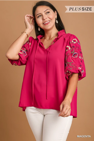 Pink Floral Embroidered Sleeve Top - Plus