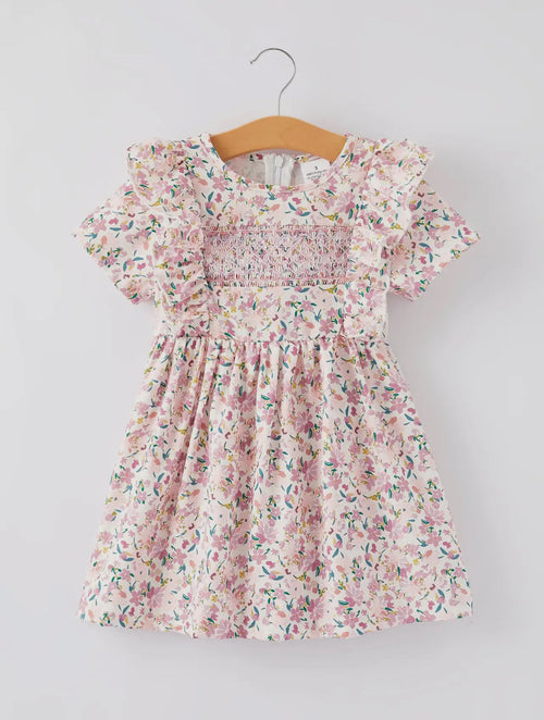 Girls Smocking Embroidered Floral Dress