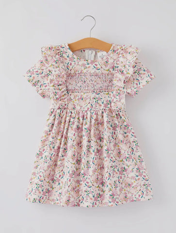 Girls Smocking Embroidered Floral Dress