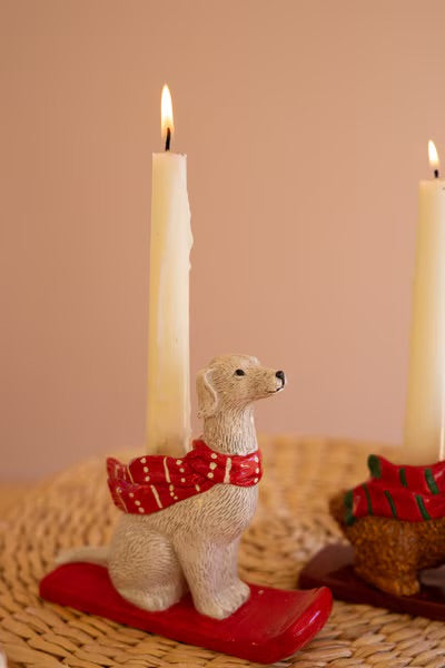 Ski Lodge Christmas Dog Taper Holders