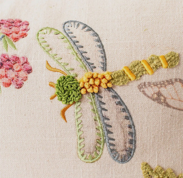 Garden Whimsy Dragonfly Embroidered Pillow