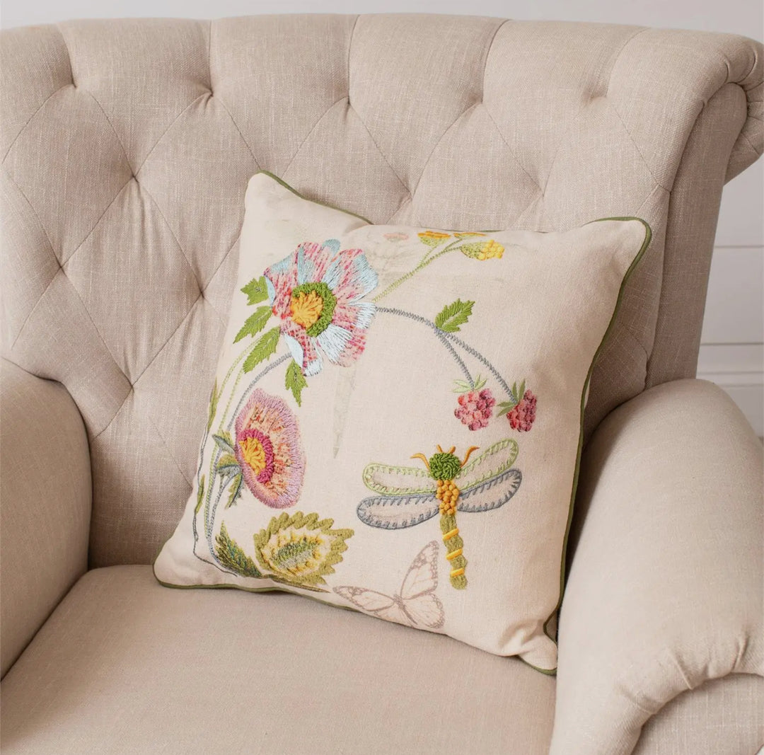 Garden Whimsy Dragonfly Embroidered Pillow