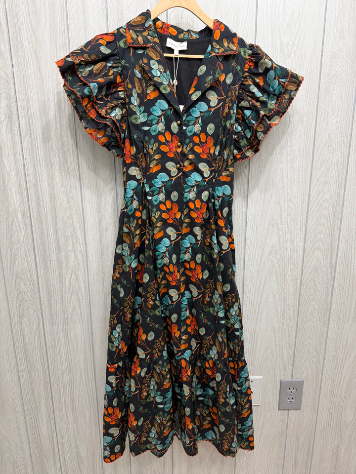 Autumn Botanical Ruffle Sleeve Maxi Dress