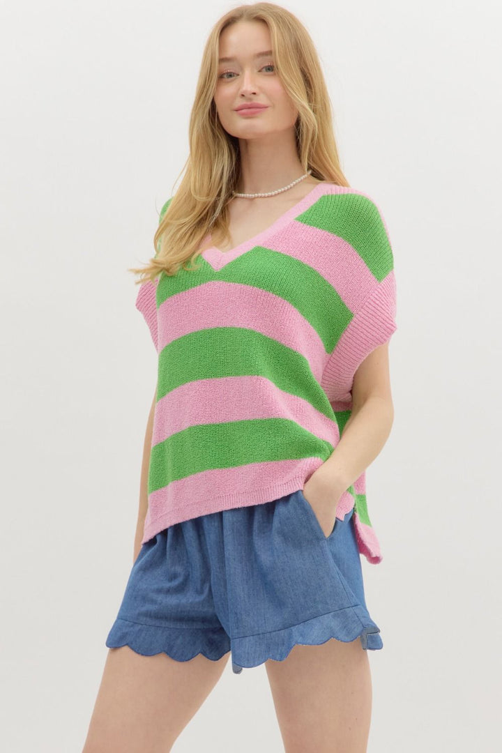 Pink & Green Striped Sweater