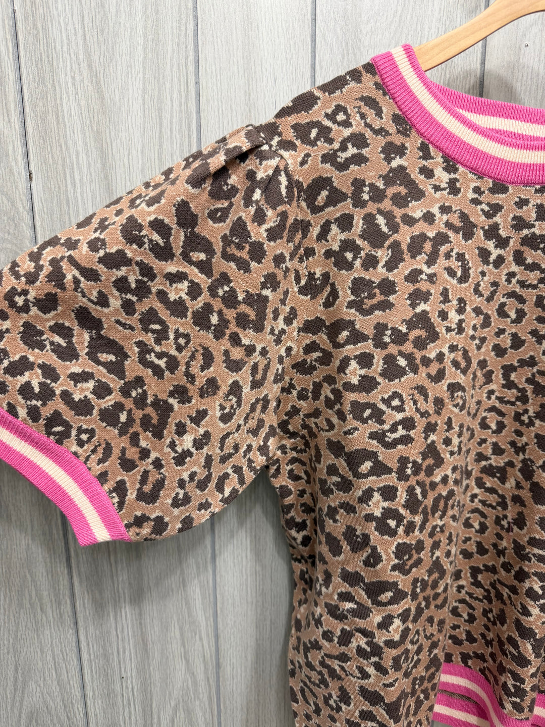 Leopard Knit Short Sleeve Sweater with Hot Pink Trim - Plus Size