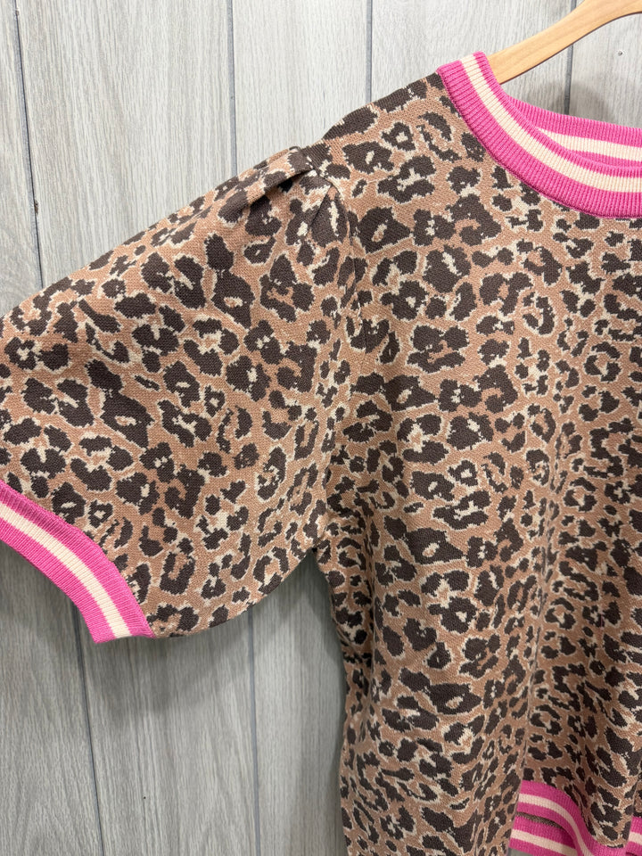 Leopard Knit Short Sleeve Sweater with Hot Pink Trim - Plus Size