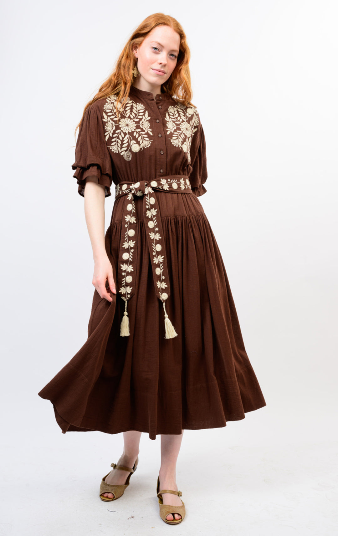 Mocha Embroidered Midi Dress