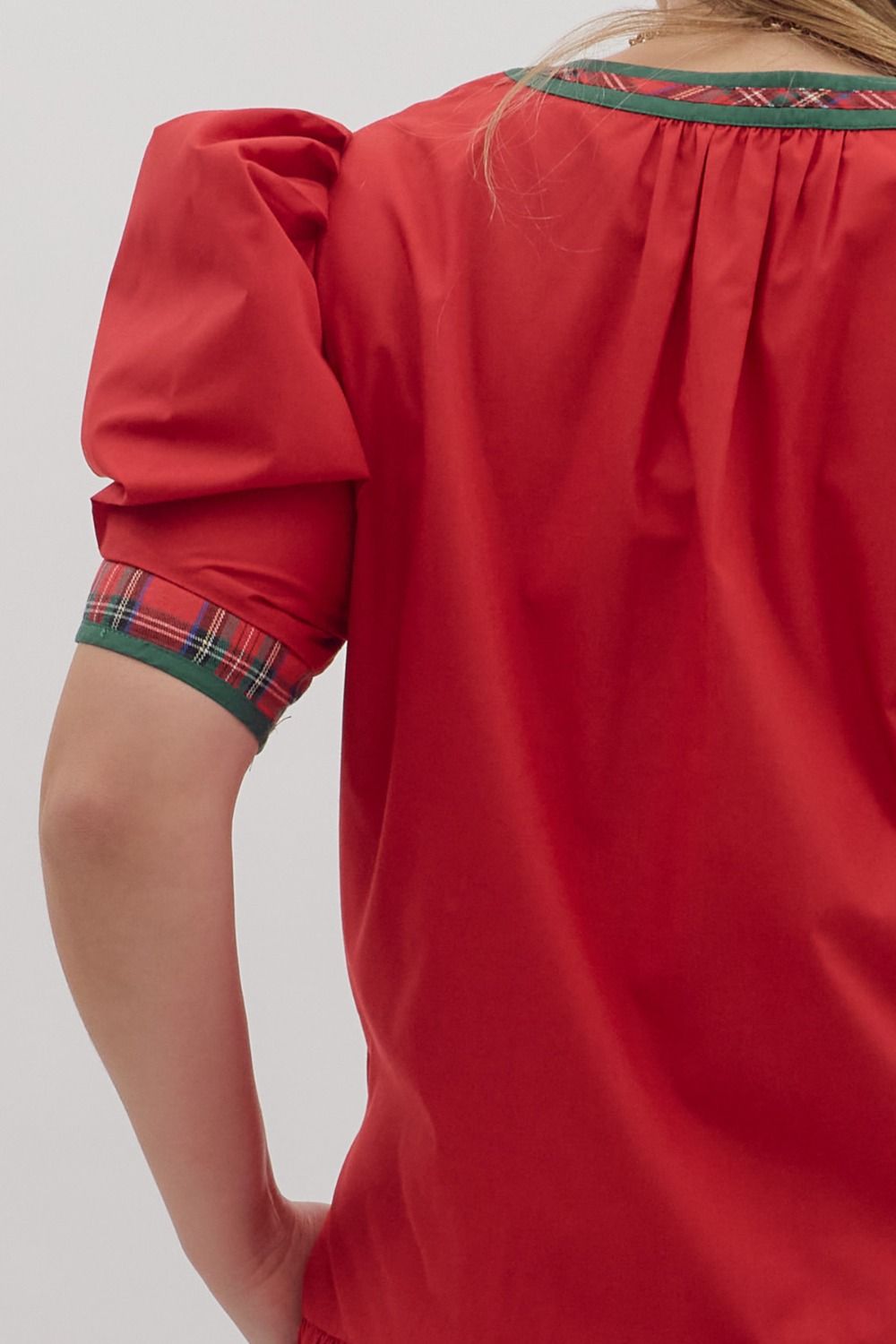 Holiday Plaid Trim Puff Sleeve Dress – Plus Size