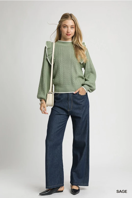 Ruffle Charm Cable Knit Sweater