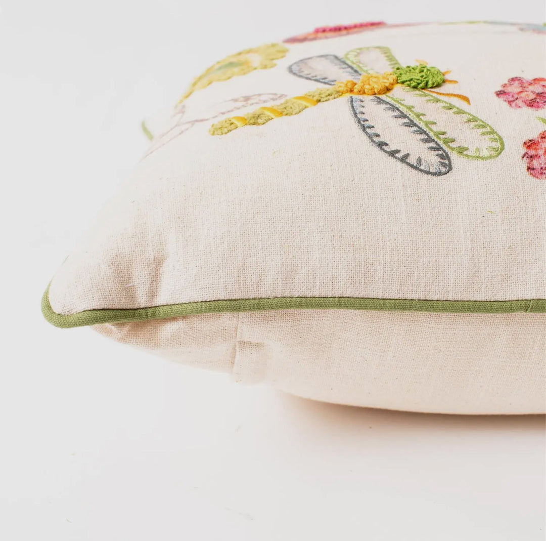Garden Whimsy Dragonfly Embroidered Pillow