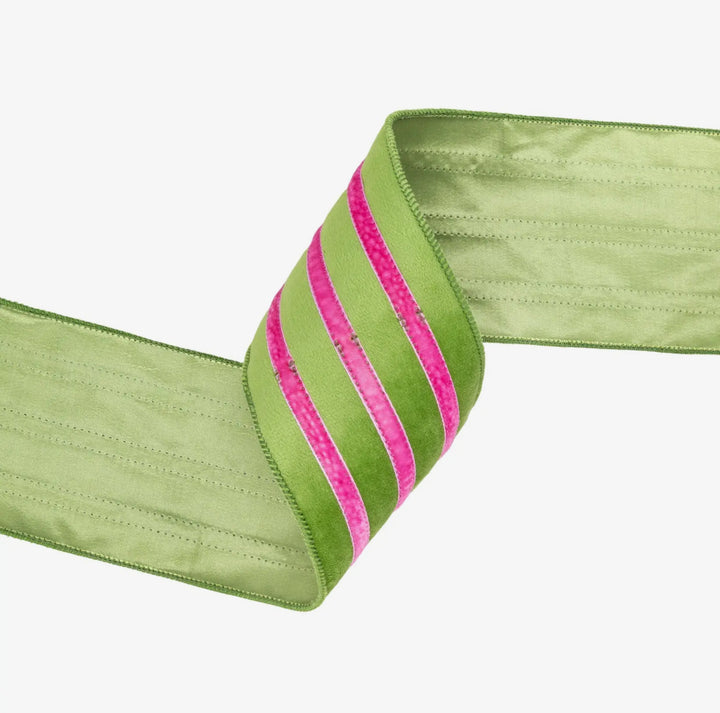 Lime & Pink Stripe Wired Velvet Ribbon