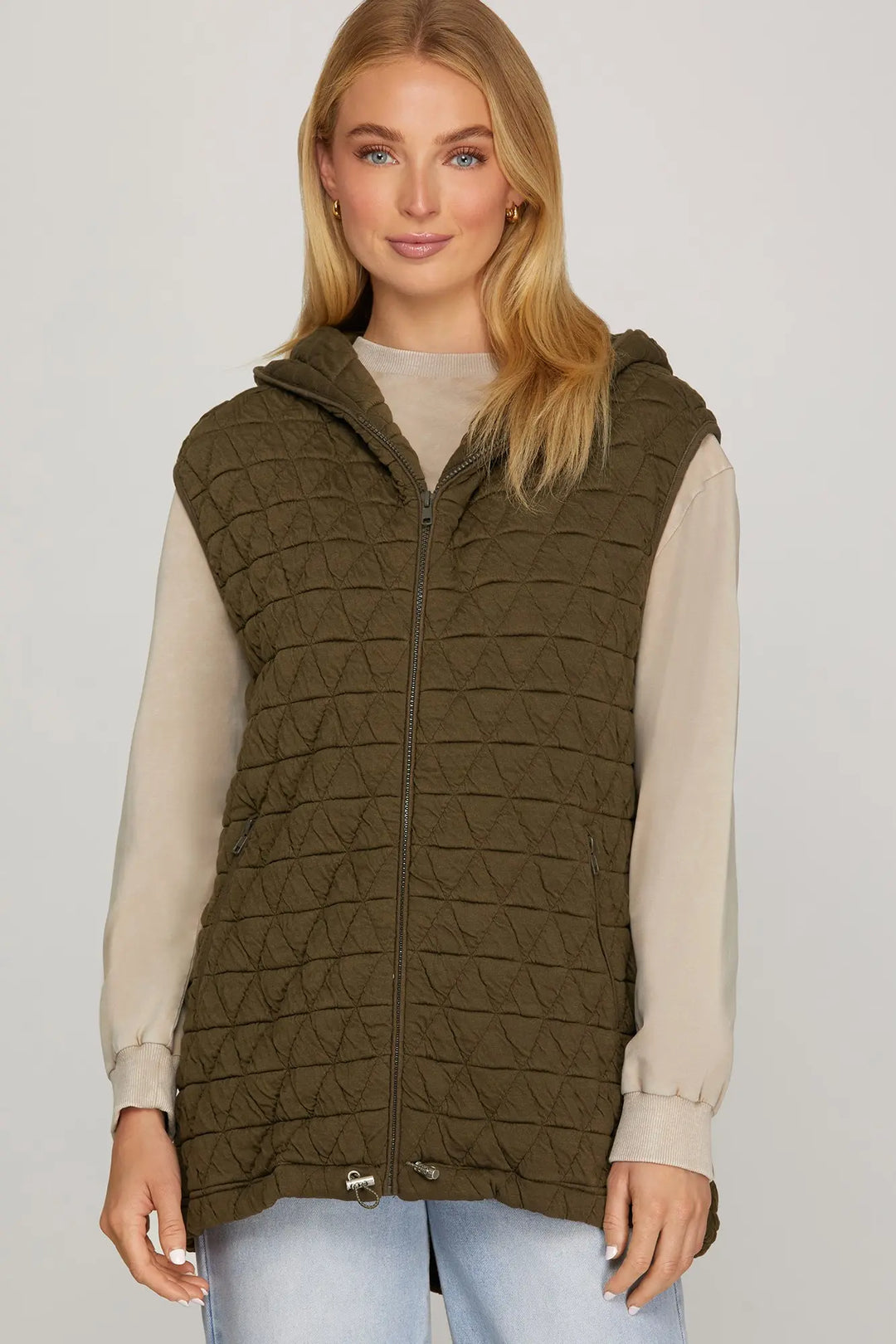 Olive Quilted Hooded Vest