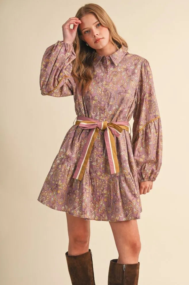 Mulberry Paisley Tie-Waist Dress