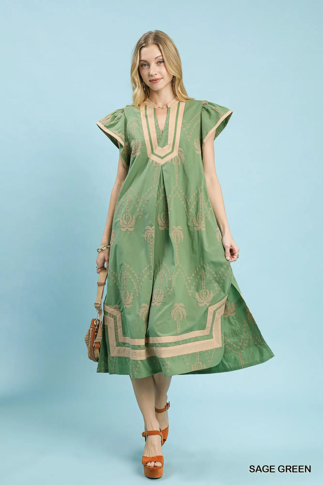 Sage Palms Embroidered Midi Dress