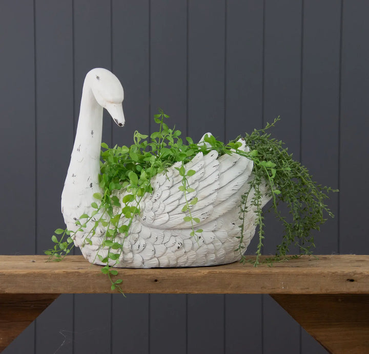 White Distressed Swan Planter