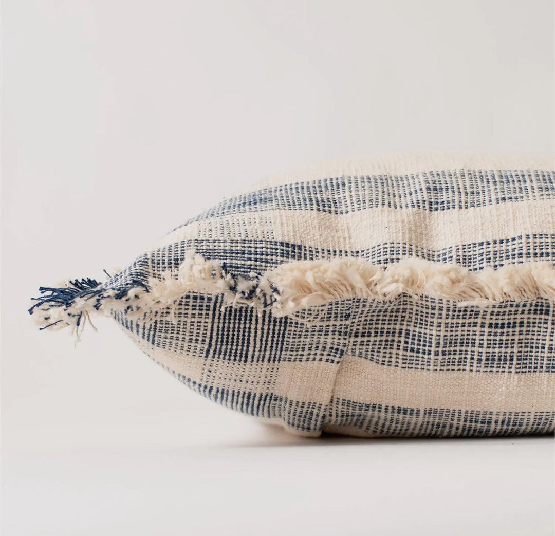 Cream & Blue Windowpane Fringe Pillow