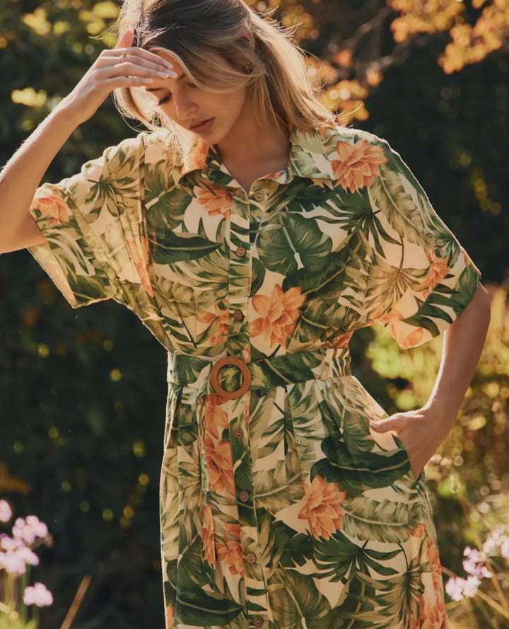 Palm Grove Belted Midi Dress