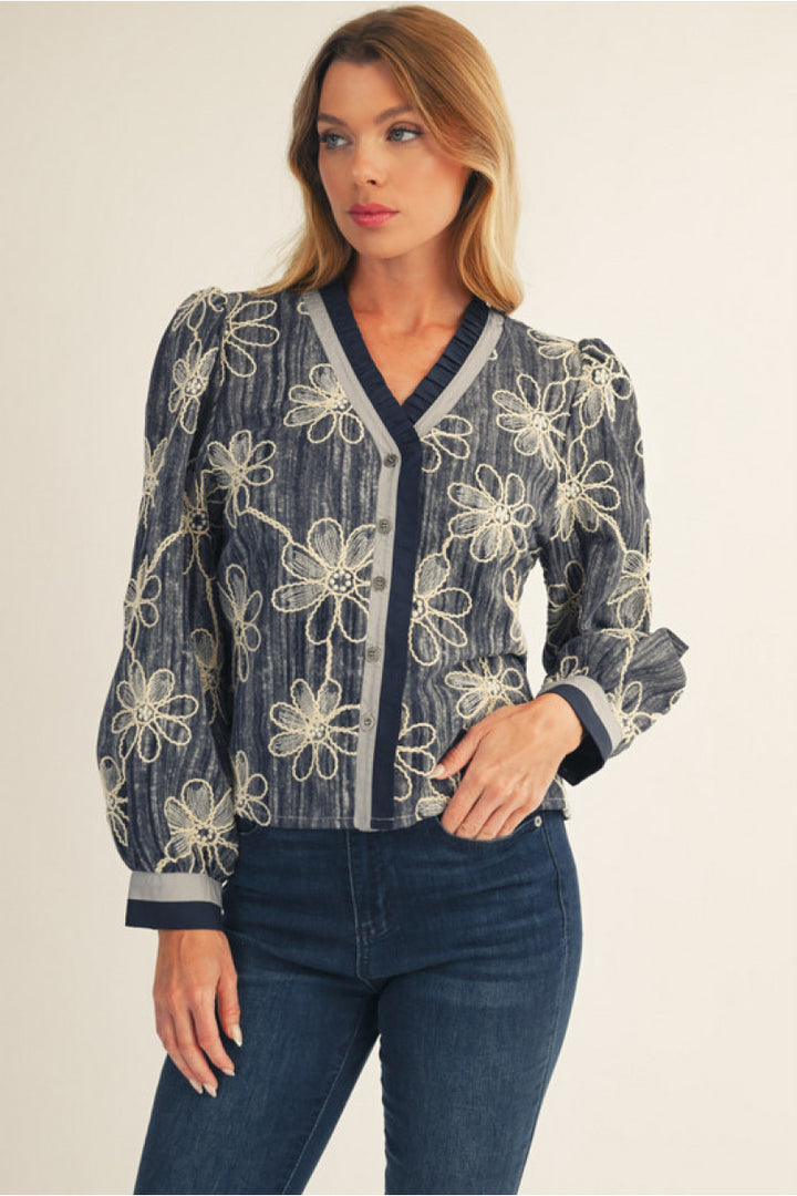 Indigo Bloom Embroidered Blouse