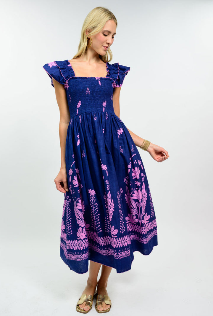 Midnight Bloom Smocked Midi Dress