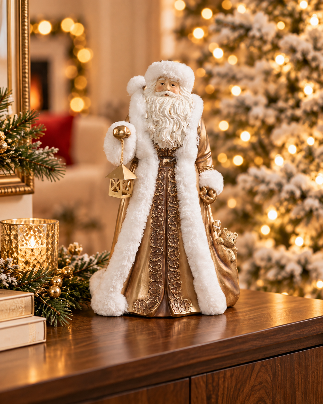 Champagne Christmas Santa with Lantern — 15"