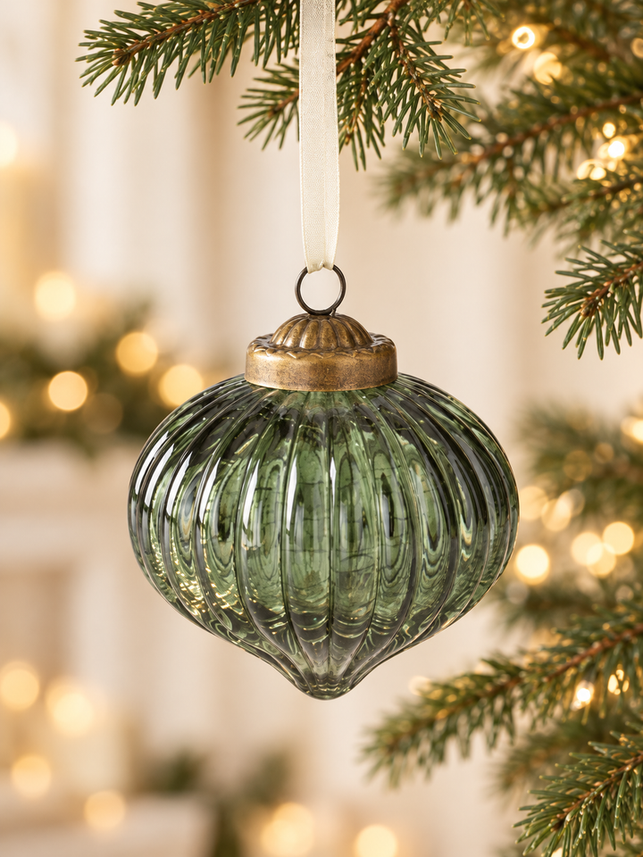 Sage Evergreen Ribbed Glass Ornaments